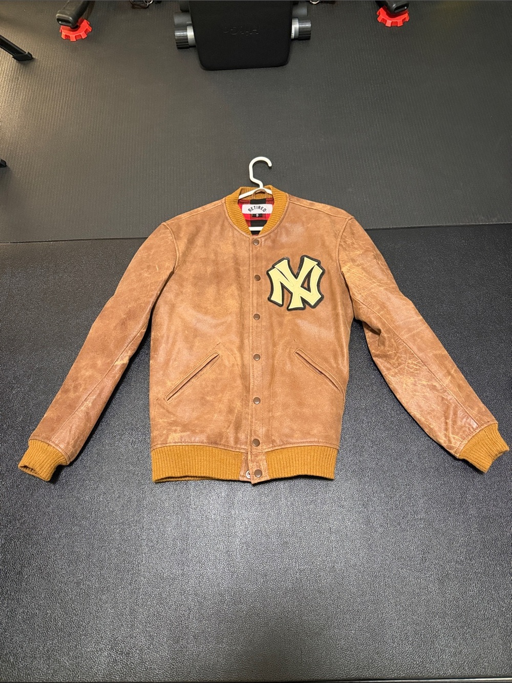 Custom Leather Varsity Jacket with NYY Patch - Distressed Brown